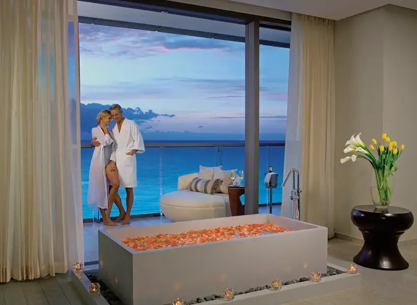 Ocean front room with rose petal bath