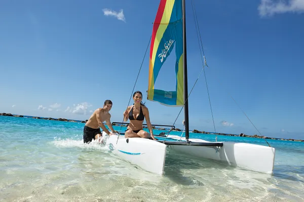 Sailing on a hobie cat along the beach